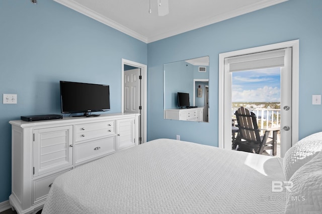 bedroom featuring ornamental molding, access to outside, visible vents, and a ceiling fan