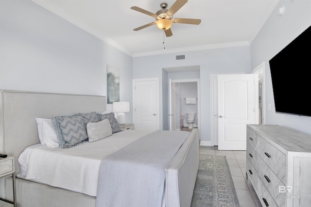 bedroom featuring ornamental molding, light tile patterned floors, and ceiling fan