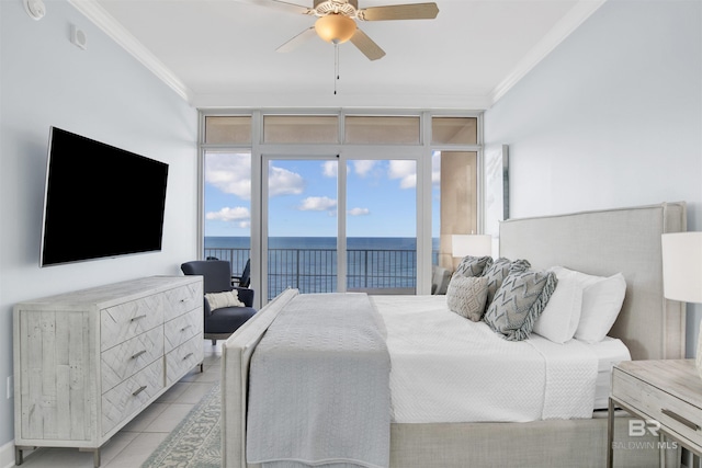 bedroom featuring crown molding, access to exterior, ceiling fan, and light tile patterned flooring