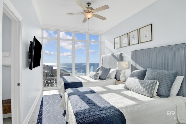 bedroom with crown molding, multiple windows, a ceiling fan, and baseboards