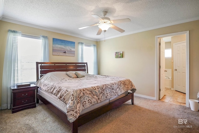 1500 Thames Dr, Foley, AL 36535 - bedroom featuring light carpet, ceiling fan, ornamental molding, and a textured ceiling