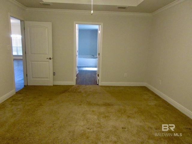 spare room with ornamental molding and carpet flooring