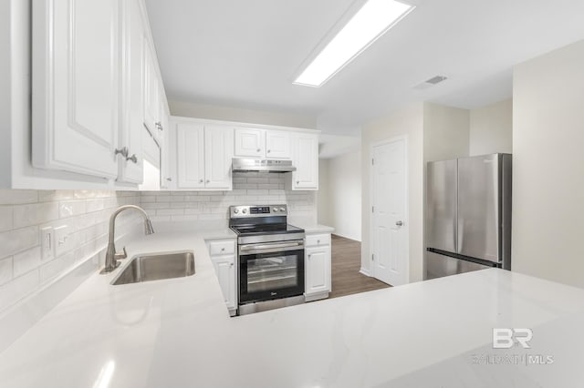 kitchen featuring sink, white cabinetry, tasteful backsplash, appliances with stainless steel finishes, and dark hardwood / wood-style floors