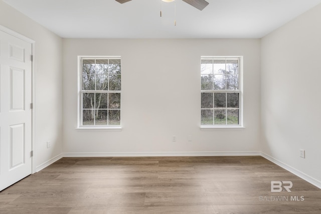 spare room featuring ceiling fan and light wood-type flooring