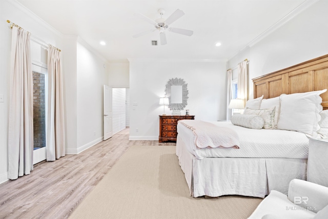 bedroom with ceiling fan, crown molding, and light wood-type flooring