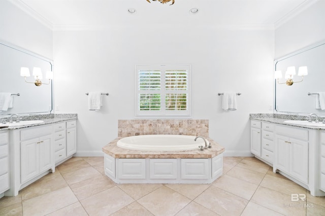 bathroom featuring vanity, a bath, and crown molding