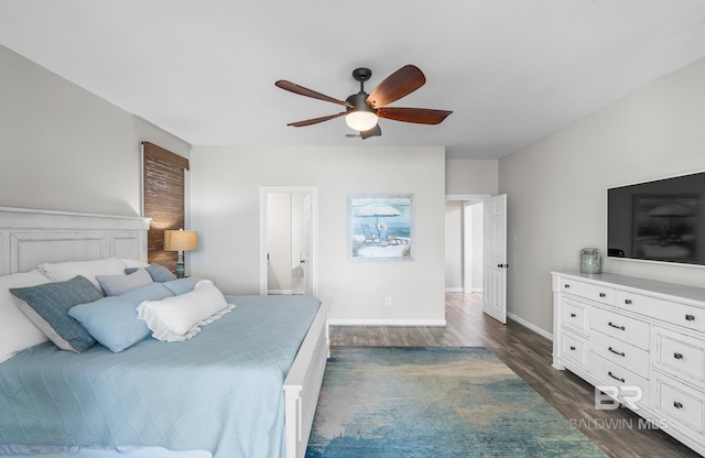 bedroom featuring dark hardwood / wood-style floors and ceiling fan