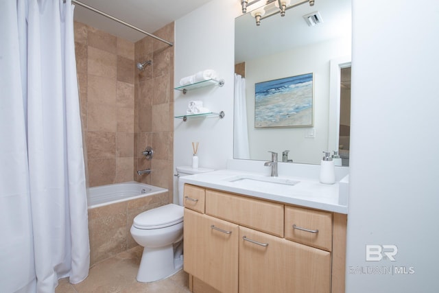 full bathroom featuring visible vents, toilet, shower / bath combination with curtain, tile patterned flooring, and vanity