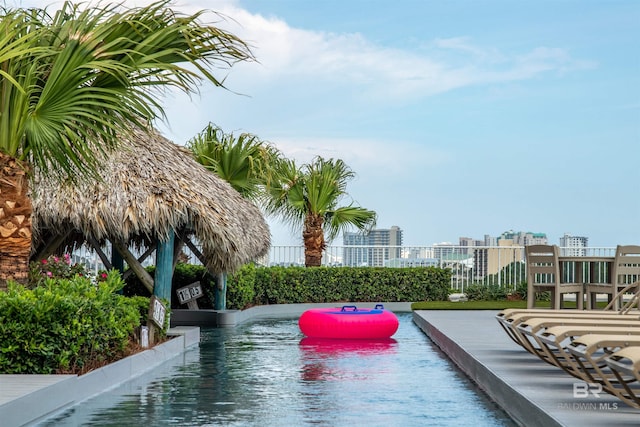 view of swimming pool featuring a city view