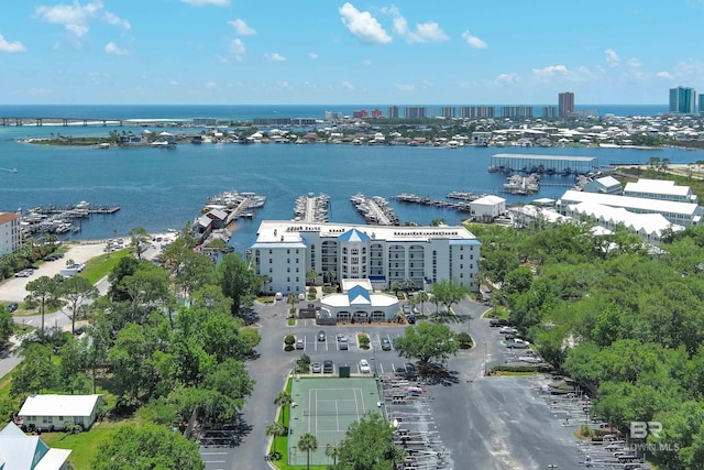 birds eye view of property with a city view and a water view