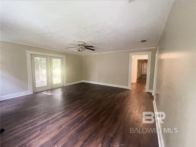 unfurnished living room featuring ceiling fan, dark hardwood / wood-style flooring, french doors, and ornamental molding