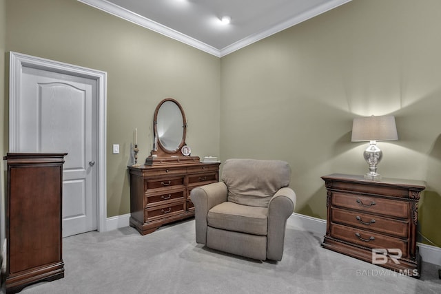 living area featuring light colored carpet and ornamental molding