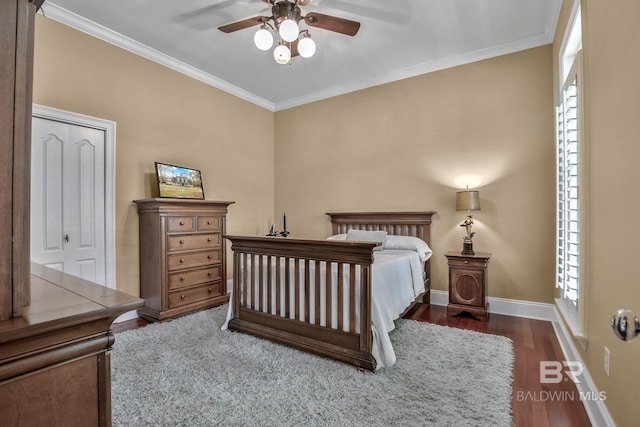 bedroom featuring ceiling fan, a closet, dark wood-type flooring, and multiple windows