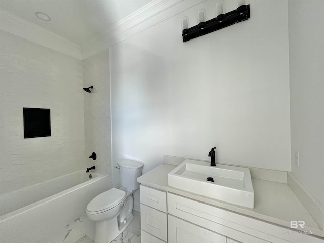 full bath with bathtub / shower combination, vanity, toilet, marble finish floor, and ornamental molding