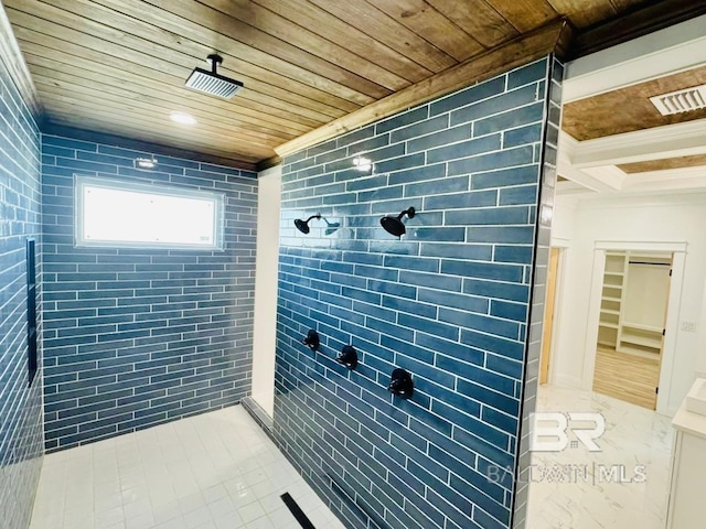 full bath with visible vents, a tile shower, and wooden ceiling