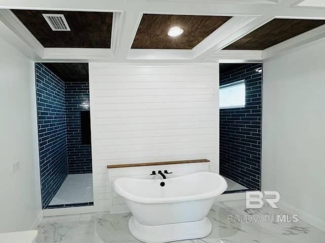 full bath featuring visible vents, a freestanding bath, marble finish floor, and a stall shower