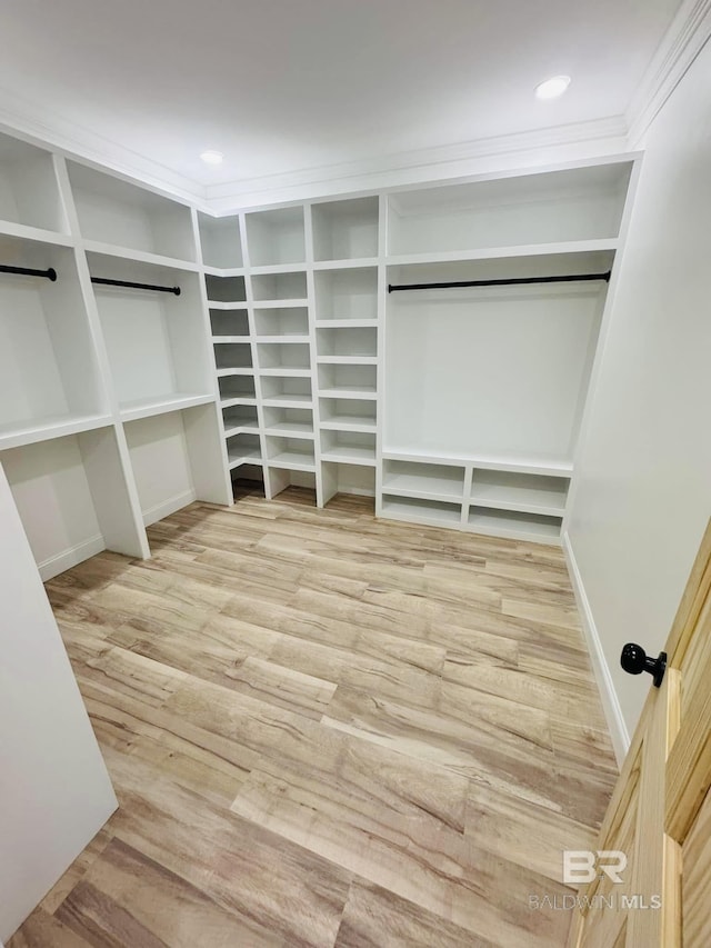 walk in closet featuring a barn door and wood finished floors