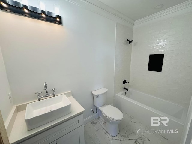 bathroom featuring crown molding, vanity, toilet, marble finish floor, and shower / bath combination