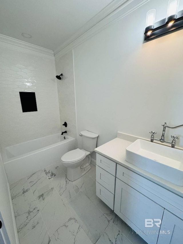 full bathroom with crown molding, vanity, toilet, marble finish floor, and tub / shower combination