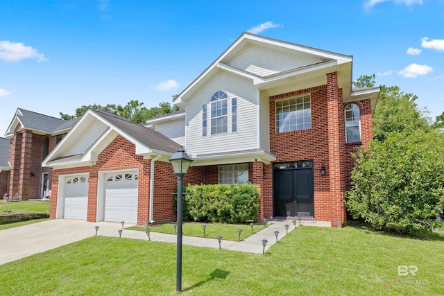 view of front of home with a garage and a front lawn