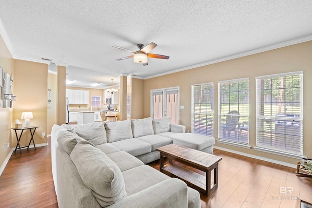 living room with ornamental molding, ceiling fan, and hardwood / wood-style flooring