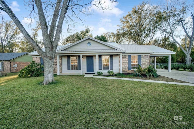 ranch-style house with a carport and a front lawn