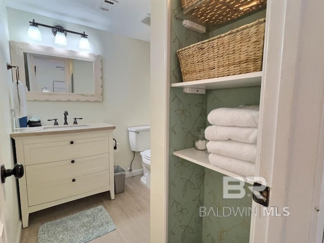 bathroom featuring walk in shower, wood-type flooring, vanity, and toilet