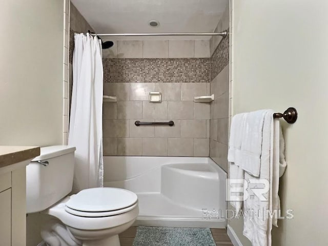 full bathroom featuring shower / bath combination with curtain, wood-type flooring, vanity, and toilet