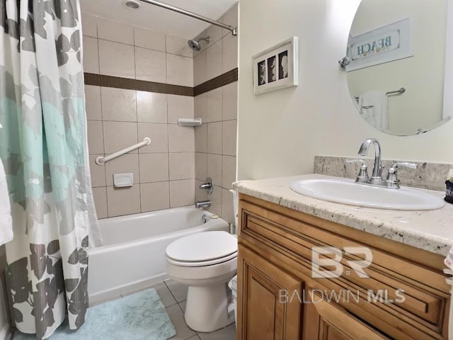 full bathroom featuring vanity, shower / tub combo, toilet, and tile patterned floors