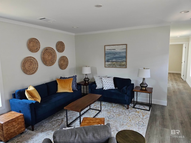 living room with crown molding and wood-type flooring