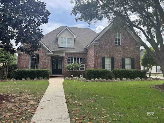 traditional-style home with brick siding, a shingled roof, and a front yard