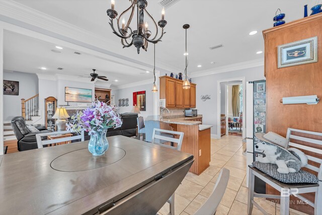 dining space featuring stairs, recessed lighting, crown molding, and visible vents