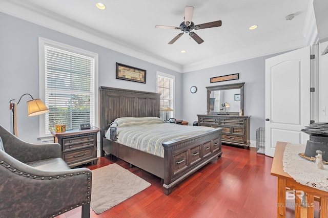 bedroom featuring recessed lighting, ornamental molding, dark wood finished floors, and ceiling fan