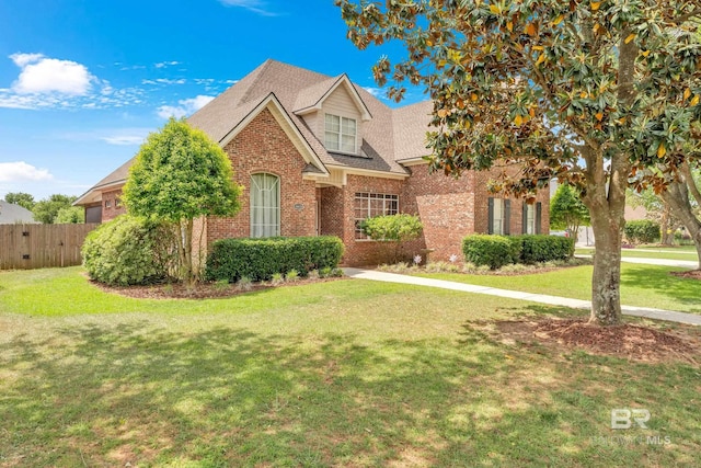traditional-style home featuring brick siding, fence, a shingled roof, and a front yard