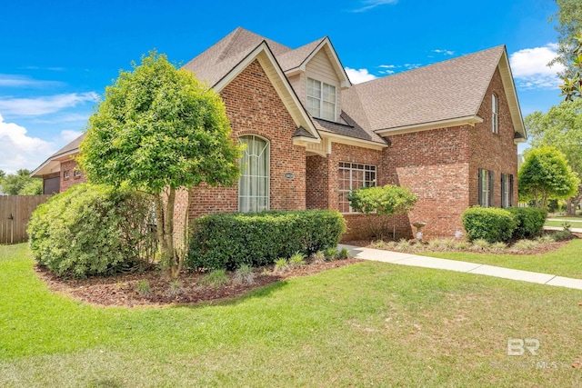 traditional-style home with brick siding, roof with shingles, and a front lawn