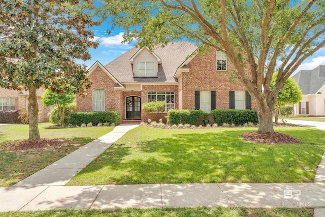 traditional-style home featuring brick siding, a shingled roof, and a front lawn