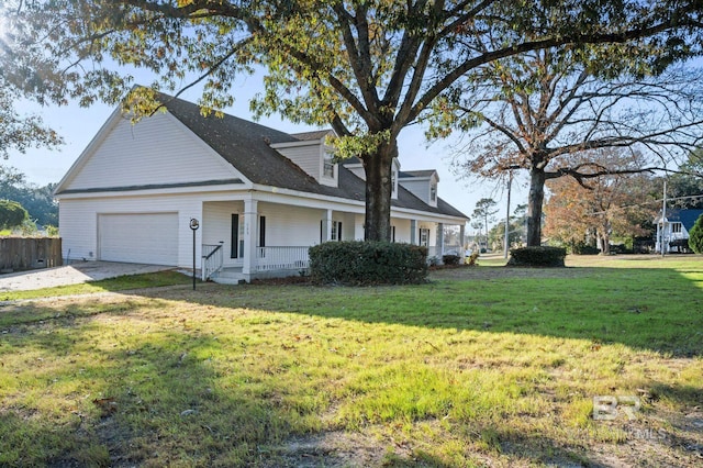 view of property exterior featuring a garage, covered porch, a lawn, and concrete driveway