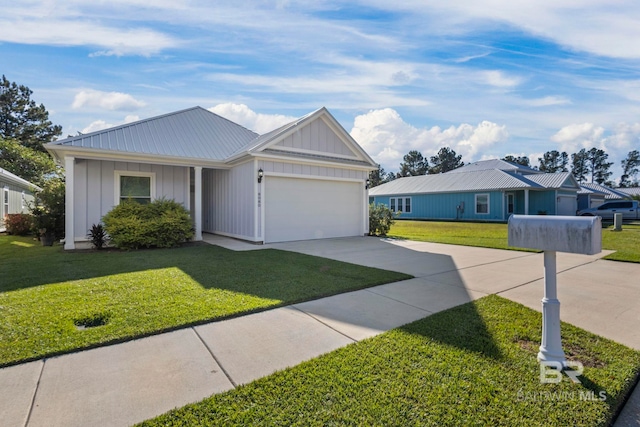 ranch-style home featuring an attached garage, a front lawn, board and batten siding, and concrete driveway