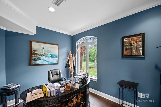 office with crown molding, dark wood-style floors, and baseboards