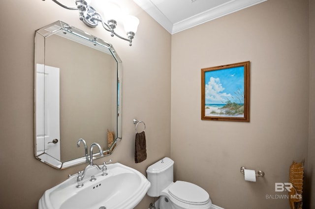 half bath with a sink, ornamental molding, and toilet