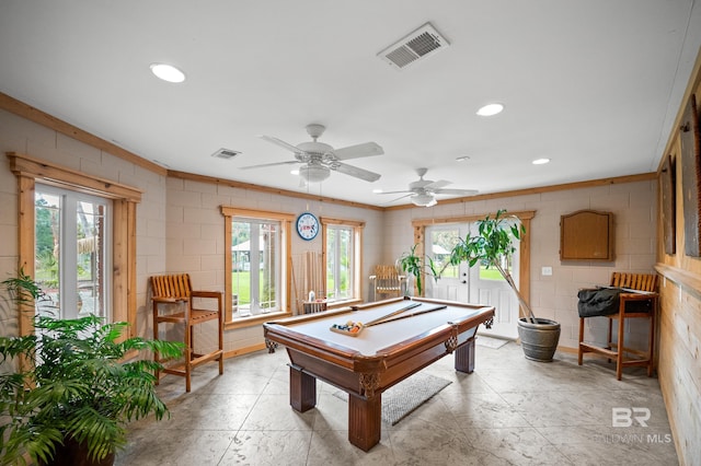 recreation room featuring ceiling fan, pool table, and recessed lighting