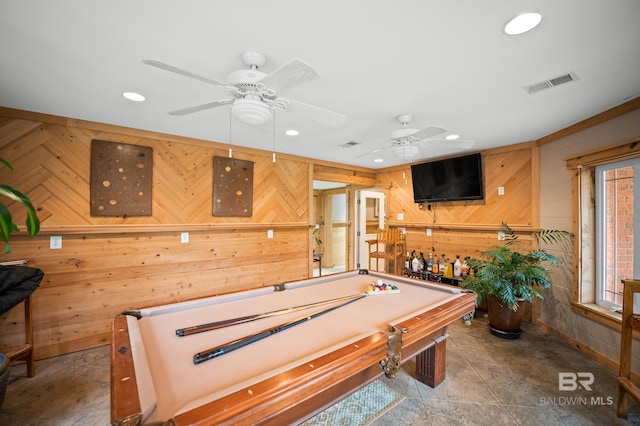 playroom featuring wood walls, billiards table, recessed lighting, and a ceiling fan