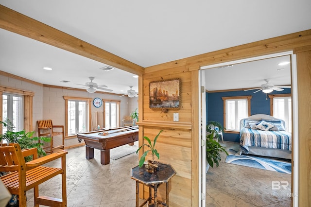 playroom with billiards table, wood walls, ceiling fan, and recessed lighting