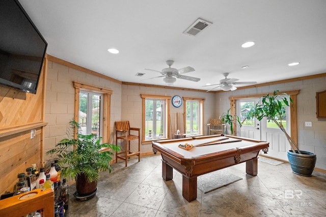 recreation room featuring pool table, a ceiling fan, recessed lighting, and concrete block wall