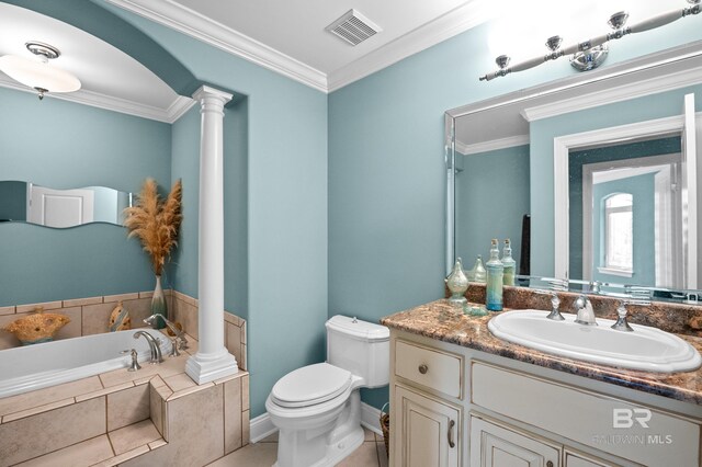 bathroom with ornate columns, ornamental molding, a bath, toilet, and vanity