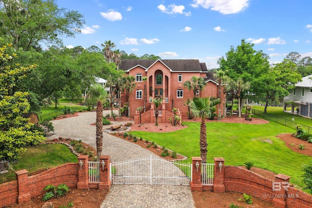 view of front of house featuring curved driveway and a gate