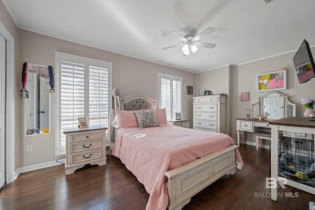 bedroom featuring ornamental molding, dark hardwood / wood-style floors, and ceiling fan