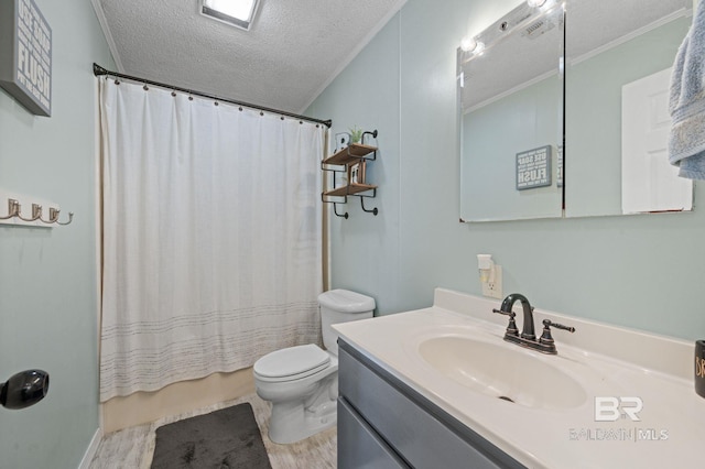 full bathroom featuring shower / bath combination with curtain, vanity, ornamental molding, toilet, and a textured ceiling