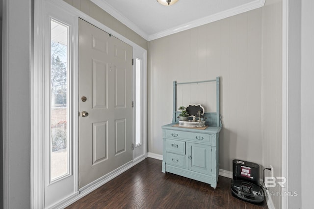 foyer featuring a healthy amount of sunlight, dark hardwood / wood-style floors, and crown molding