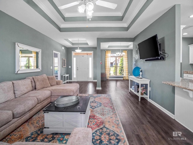 17163 Feder Dr, Foley, AL 36535 - living room with a tray ceiling, wood finished floors, ceiling fan, and ornamental molding
